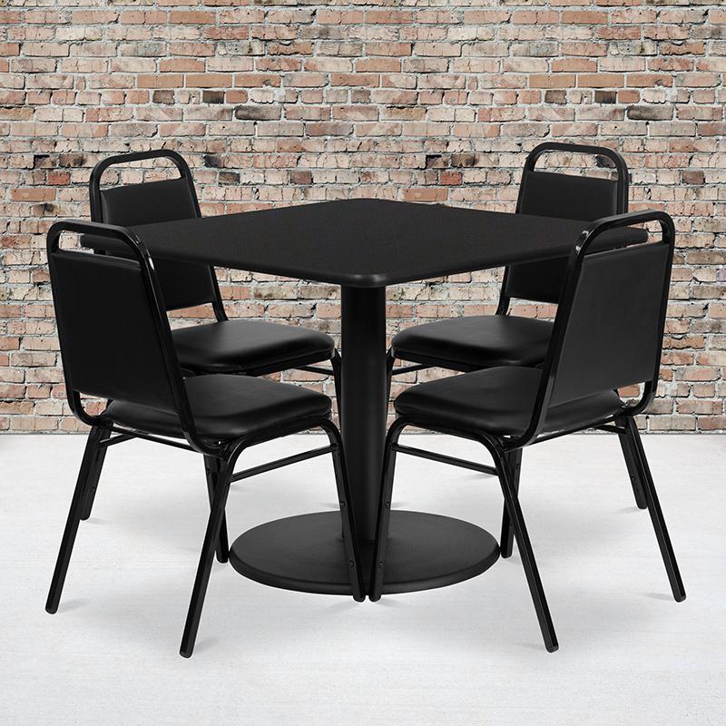 36'' Square Black Laminate Table Set With Round Base And 4 Black Trapezoidal Back Banquet Chairs By Flash Furniture | Dining Sets | Modishstore