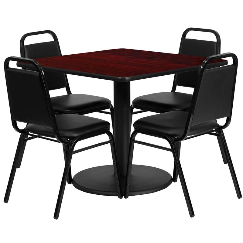 36'' Square Mahogany Laminate Table Set With Round Base And 4 Black Trapezoidal Back Banquet Chairs By Flash Furniture | Dining Sets | Modishstore - 2
