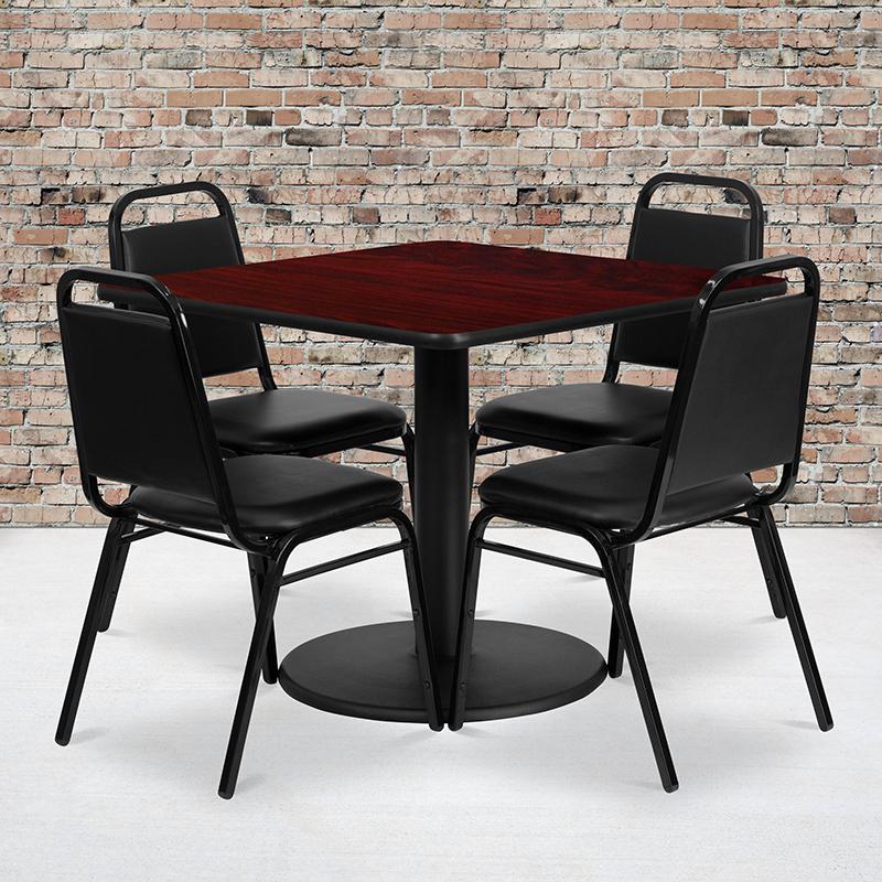 36'' Square Mahogany Laminate Table Set With Round Base And 4 Black Trapezoidal Back Banquet Chairs By Flash Furniture | Dining Sets | Modishstore