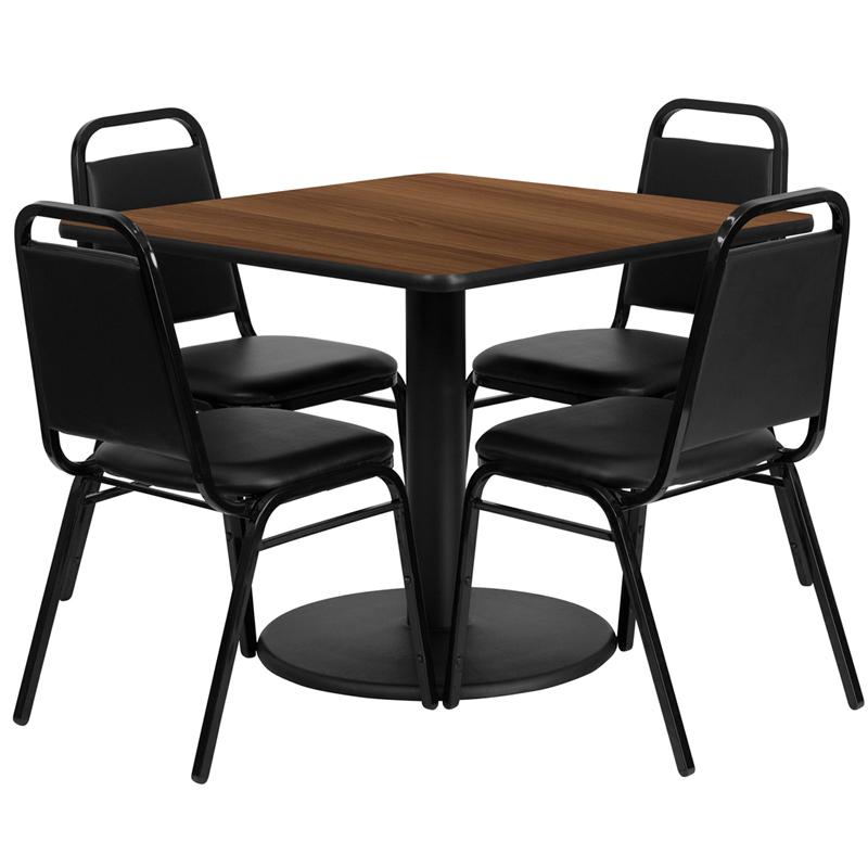 36'' Square Walnut Laminate Table Set With Round Base And 4 Black Trapezoidal Back Banquet Chairs By Flash Furniture | Dining Sets | Modishstore - 2