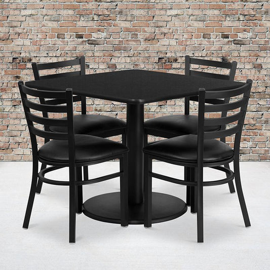 36'' Square Black Laminate Table Set With Round Base And 4 Ladder Back Metal Chairs - Black Vinyl Seat By Flash Furniture | Dining Sets | Modishstore