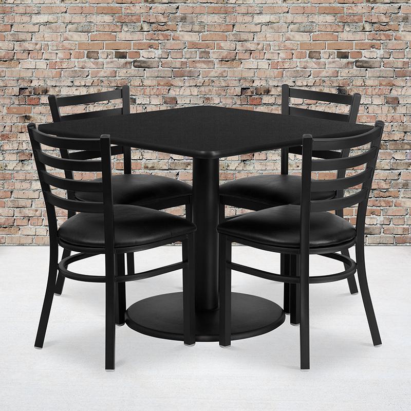 36'' Square Black Laminate Table Set With Round Base And 4 Ladder Back Metal Chairs - Black Vinyl Seat By Flash Furniture | Dining Sets | Modishstore - 1