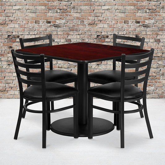 36'' Square Mahogany Laminate Table Set With Round Base And 4 Ladder Back Metal Chairs - Black Vinyl Seat By Flash Furniture | Dining Sets | Modishstore