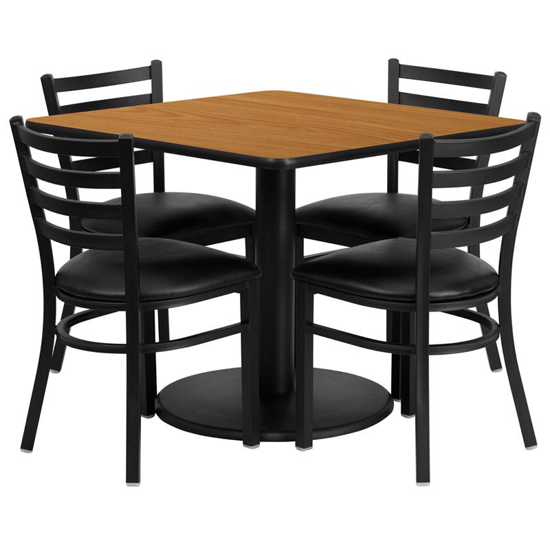 36'' Square Natural Laminate Table Set With Round Base And 4 Ladder Back Metal Chairs - Black Vinyl Seat By Flash Furniture | Dining Sets | Modishstore - 2
