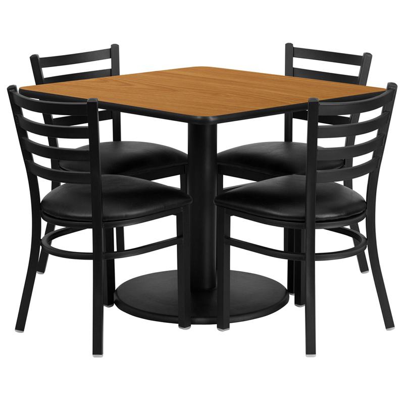 36'' Square Natural Laminate Table Set With Round Base And 4 Ladder Back Metal Chairs - Black Vinyl Seat By Flash Furniture | Dining Sets | Modishstore - 2