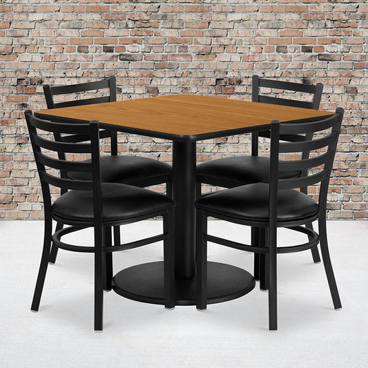 36'' Square Natural Laminate Table Set With Round Base And 4 Ladder Back Metal Chairs - Black Vinyl Seat By Flash Furniture | Dining Sets | Modishstore