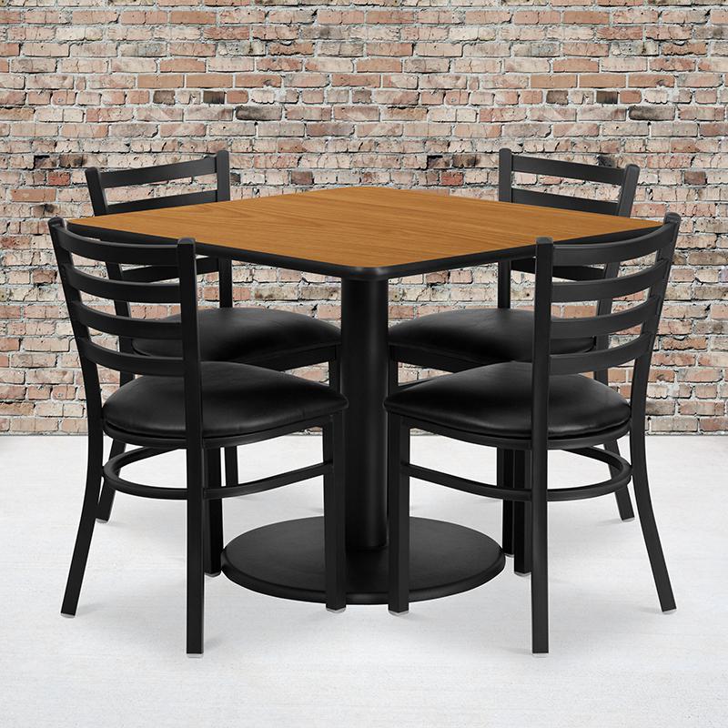 36'' Square Natural Laminate Table Set With Round Base And 4 Ladder Back Metal Chairs - Black Vinyl Seat By Flash Furniture | Dining Sets | Modishstore - 1