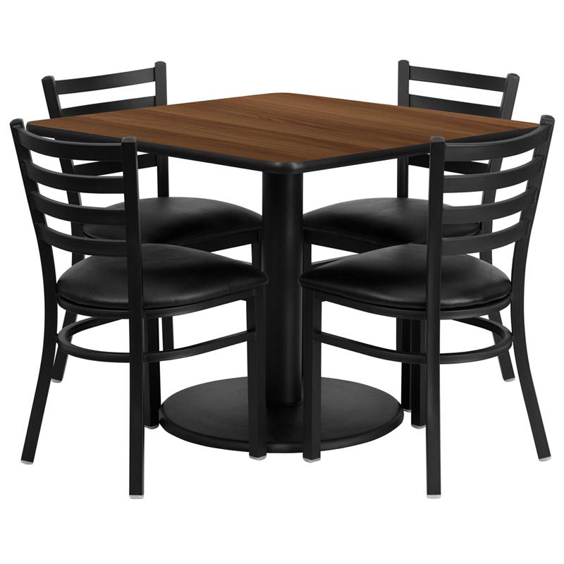 36'' Square Walnut Laminate Table Set With Round Base And 4 Ladder Back Metal Chairs - Black Vinyl Seat By Flash Furniture | Dining Sets | Modishstore - 2