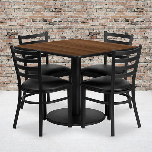 36'' Square Walnut Laminate Table Set With Round Base And 4 Ladder Back Metal Chairs - Black Vinyl Seat By Flash Furniture | Dining Sets | Modishstore