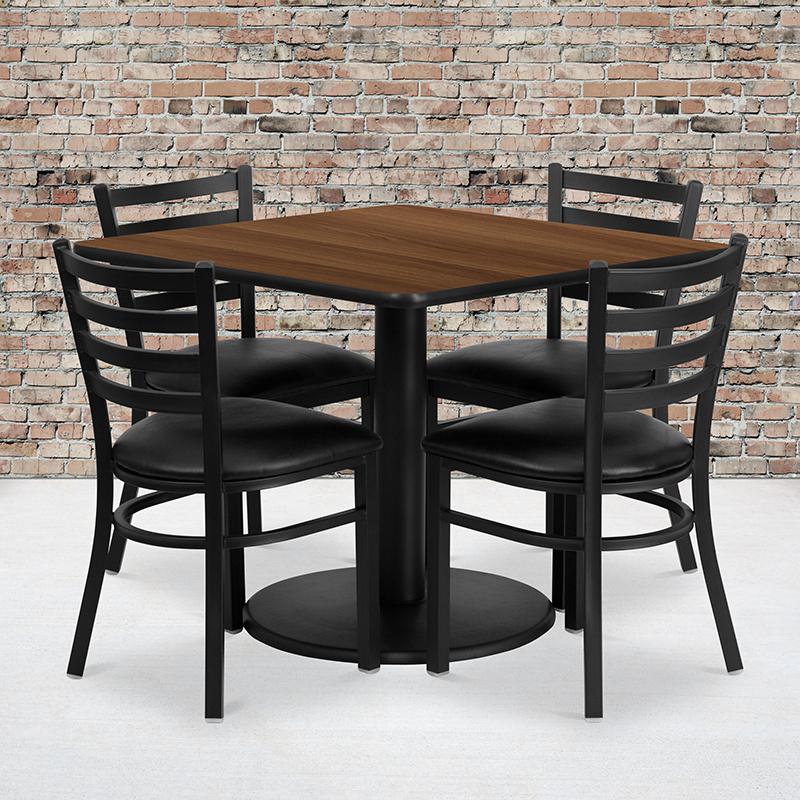 36'' Square Walnut Laminate Table Set With Round Base And 4 Ladder Back Metal Chairs - Black Vinyl Seat By Flash Furniture | Dining Sets | Modishstore - 1
