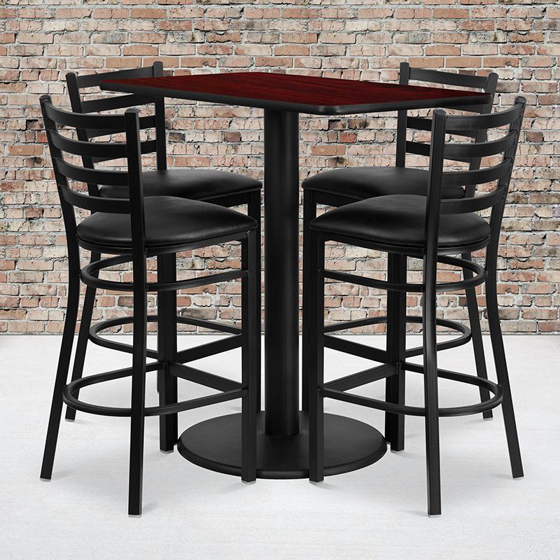 24'' X 42'' Rectangular Mahogany Laminate Table Set With 4 Ladder Back Metal Barstools - Black Vinyl Seat By Flash Furniture | Bar Stools & Table | Modishstore - 1