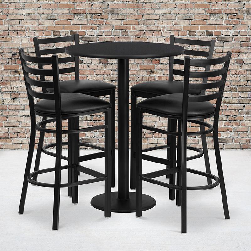 30'' Round Black Laminate Table Set With Round Base And 4 Ladder Back Metal Barstools - Black Vinyl Seat By Flash Furniture | Bar Stools & Table | Modishstore