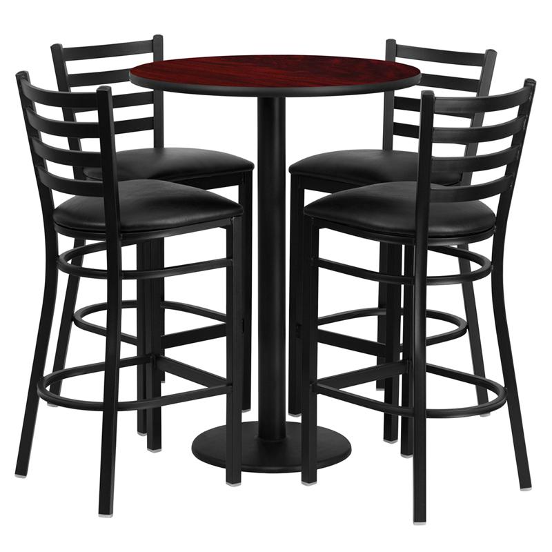 30'' Round Mahogany Laminate Table Set With Round Base And 4 Ladder Back Metal Barstools - Black Vinyl Seat By Flash Furniture | Bar Stools & Table | Modishstore - 2