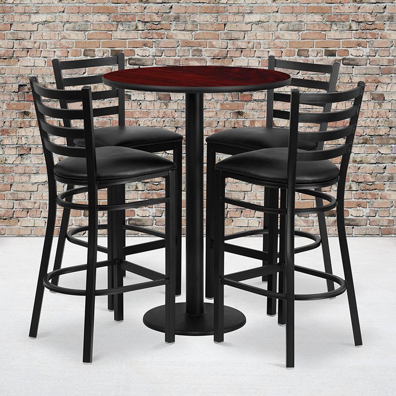 30'' Round Mahogany Laminate Table Set With Round Base And 4 Ladder Back Metal Barstools - Black Vinyl Seat By Flash Furniture | Bar Stools & Table | Modishstore