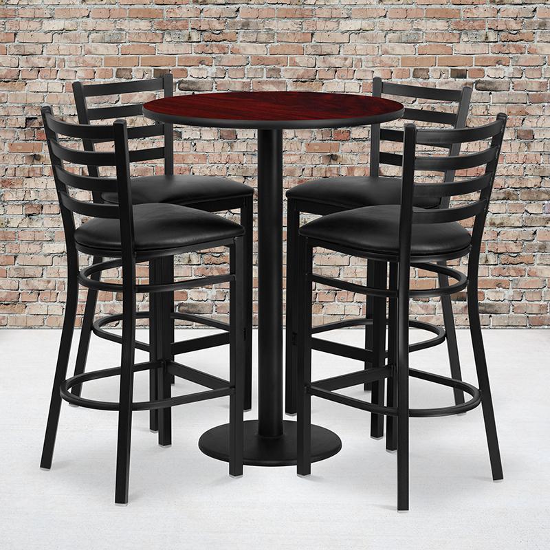 30'' Round Mahogany Laminate Table Set With Round Base And 4 Ladder Back Metal Barstools - Black Vinyl Seat By Flash Furniture | Bar Stools & Table | Modishstore - 1