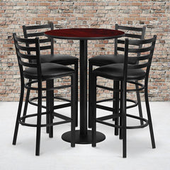 30'' Round Mahogany Laminate Table Set With Round Base And 4 Ladder Back Metal Barstools - Black Vinyl Seat By Flash Furniture
