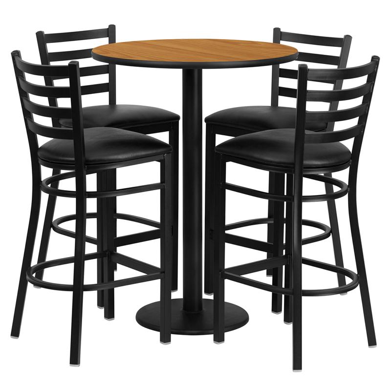 30'' Round Natural Laminate Table Set With Round Base And 4 Ladder Back Metal Barstools - Black Vinyl Seat By Flash Furniture | Bar Stools & Table | Modishstore - 2