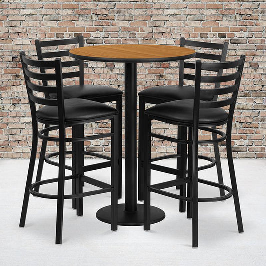 30'' Round Natural Laminate Table Set With Round Base And 4 Ladder Back Metal Barstools - Black Vinyl Seat By Flash Furniture | Bar Stools & Table | Modishstore