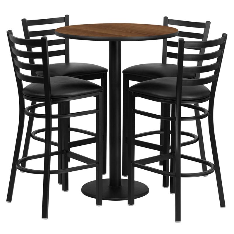 30'' Round Walnut Laminate Table Set With Round Base And 4 Ladder Back Metal Barstools - Black Vinyl Seat By Flash Furniture | Bar Stools & Table | Modishstore - 2