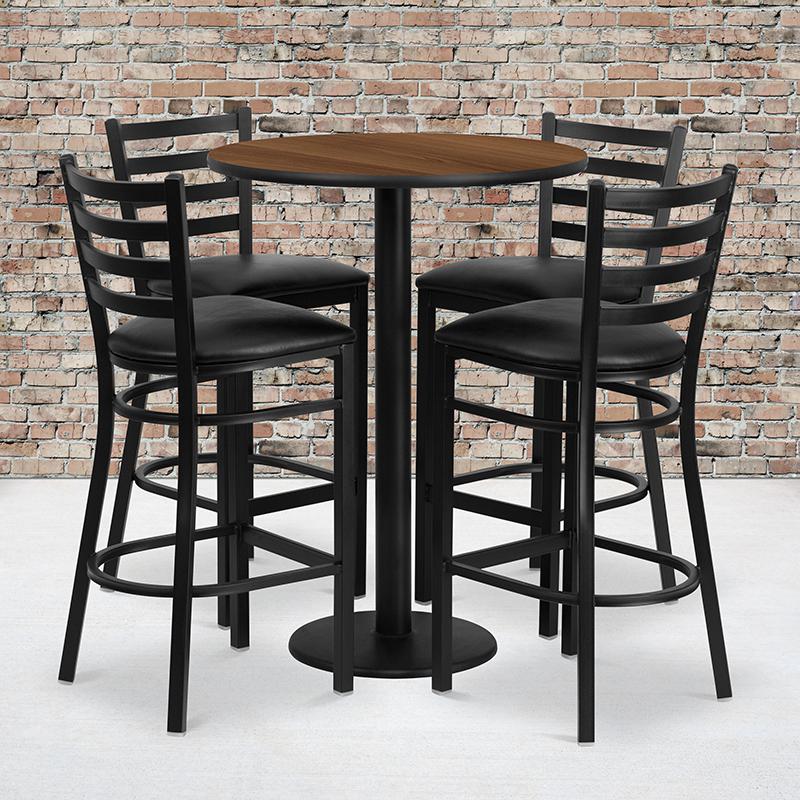 30'' Round Walnut Laminate Table Set With Round Base And 4 Ladder Back Metal Barstools - Black Vinyl Seat By Flash Furniture | Bar Stools & Table | Modishstore - 1