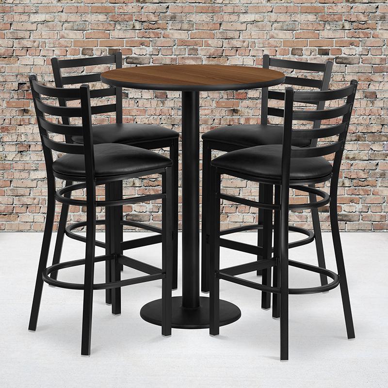 30'' Round Walnut Laminate Table Set With Round Base And 4 Ladder Back Metal Barstools - Black Vinyl Seat By Flash Furniture | Bar Stools & Table | Modishstore