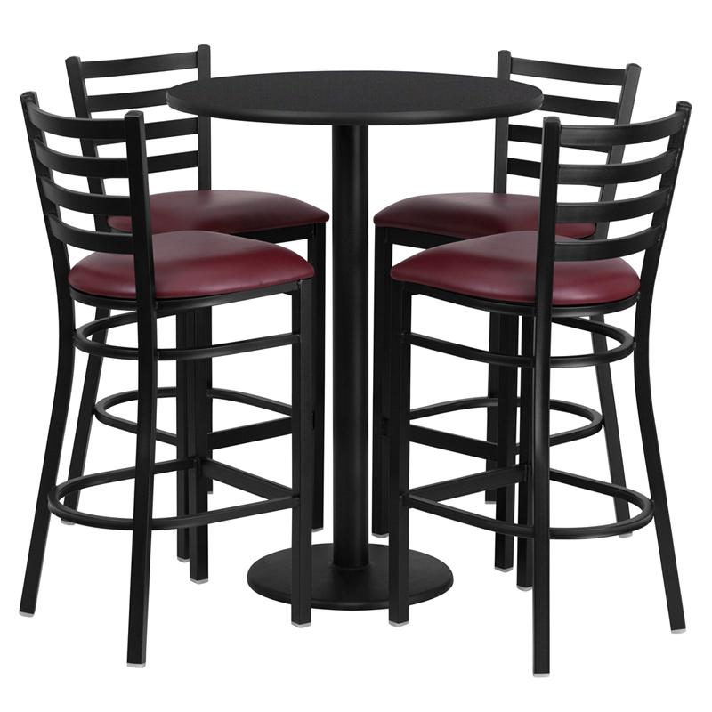 30'' Round Black Laminate Table Set With Round Base And 4 Ladder Back Metal Barstools - Burgundy Vinyl Seat By Flash Furniture | Bar Stools & Table | Modishstore - 2