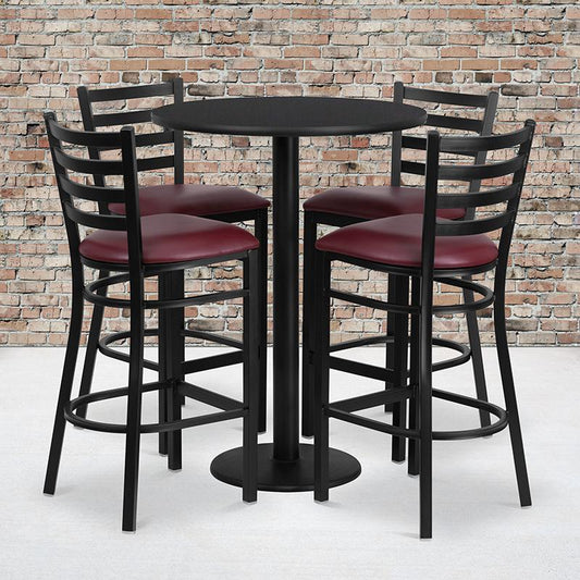 30'' Round Black Laminate Table Set With Round Base And 4 Ladder Back Metal Barstools - Burgundy Vinyl Seat By Flash Furniture | Bar Stools & Table | Modishstore