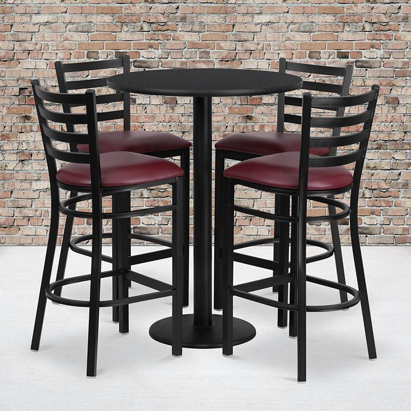 30'' Round Black Laminate Table Set With Round Base And 4 Ladder Back Metal Barstools - Burgundy Vinyl Seat By Flash Furniture | Bar Stools & Table | Modishstore - 1