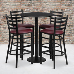 30'' Round Black Laminate Table Set With Round Base And 4 Ladder Back Metal Barstools - Burgundy Vinyl Seat By Flash Furniture