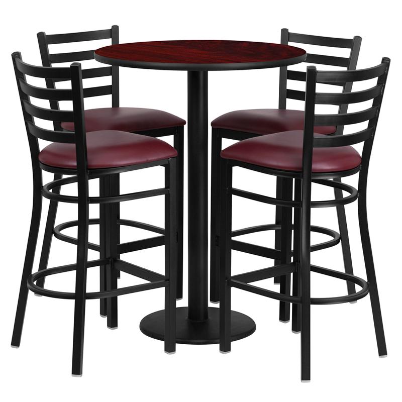 30'' Round Mahogany Laminate Table Set With Round Base And 4 Ladder Back Metal Barstools - Burgundy Vinyl Seat By Flash Furniture | Bar Stools & Table | Modishstore - 2