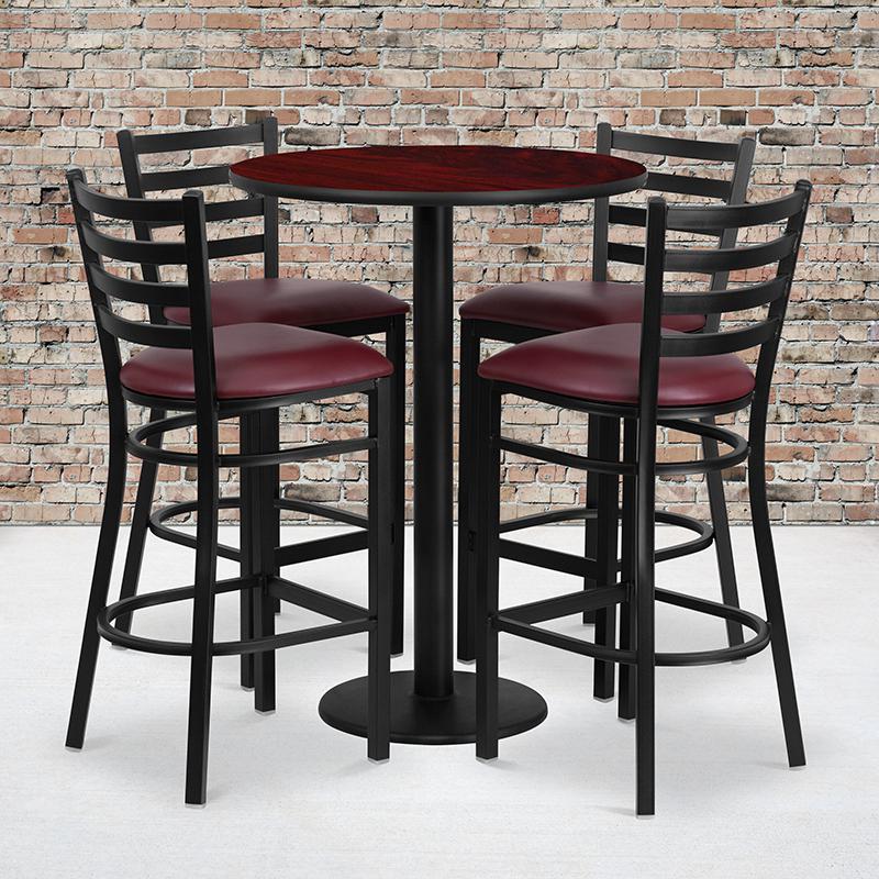 30'' Round Mahogany Laminate Table Set With Round Base And 4 Ladder Back Metal Barstools - Burgundy Vinyl Seat By Flash Furniture | Bar Stools & Table | Modishstore - 1