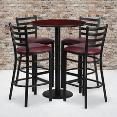 30'' Round Mahogany Laminate Table Set With Round Base And 4 Ladder Back Metal Barstools - Burgundy Vinyl Seat By Flash Furniture