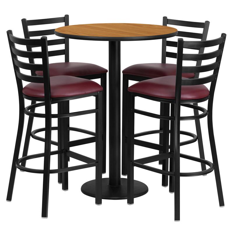 30'' Round Natural Laminate Table Set With Round Base And 4 Ladder Back Metal Barstools - Burgundy Vinyl Seat By Flash Furniture | Bar Stools & Table | Modishstore - 2