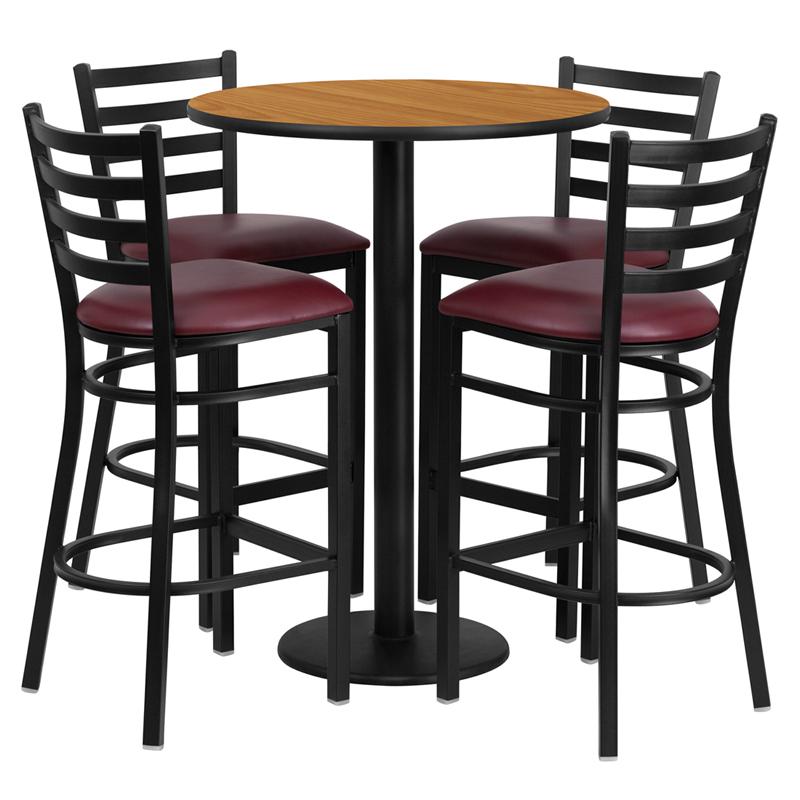 30'' Round Natural Laminate Table Set With Round Base And 4 Ladder Back Metal Barstools - Burgundy Vinyl Seat By Flash Furniture | Bar Stools & Table | Modishstore - 2