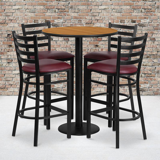 30'' Round Natural Laminate Table Set With Round Base And 4 Ladder Back Metal Barstools - Burgundy Vinyl Seat By Flash Furniture | Bar Stools & Table | Modishstore