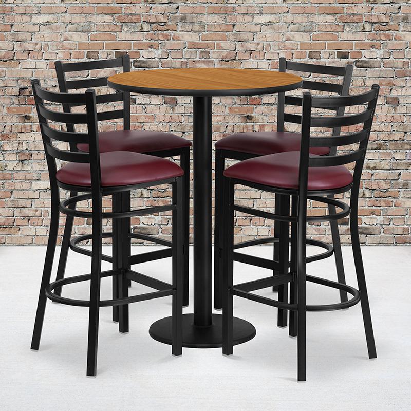 30'' Round Natural Laminate Table Set With Round Base And 4 Ladder Back Metal Barstools - Burgundy Vinyl Seat By Flash Furniture | Bar Stools & Table | Modishstore