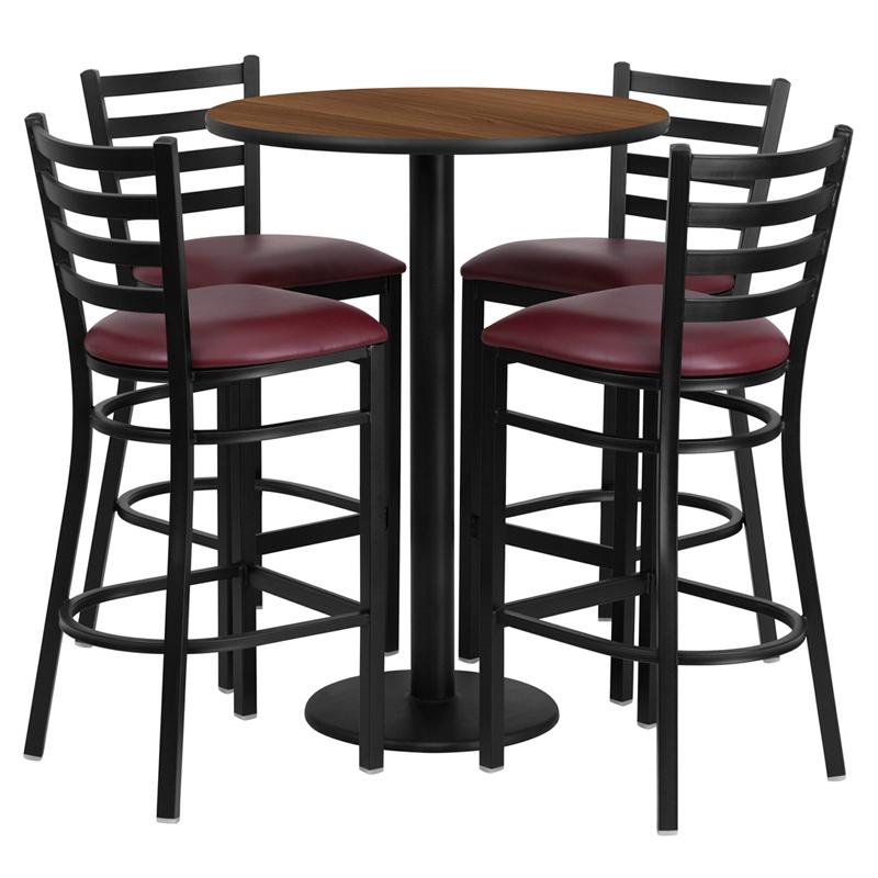 30'' Round Walnut Laminate Table Set With Round Base And 4 Ladder Back Metal Barstools - Burgundy Vinyl Seat By Flash Furniture | Bar Stools & Table | Modishstore - 2