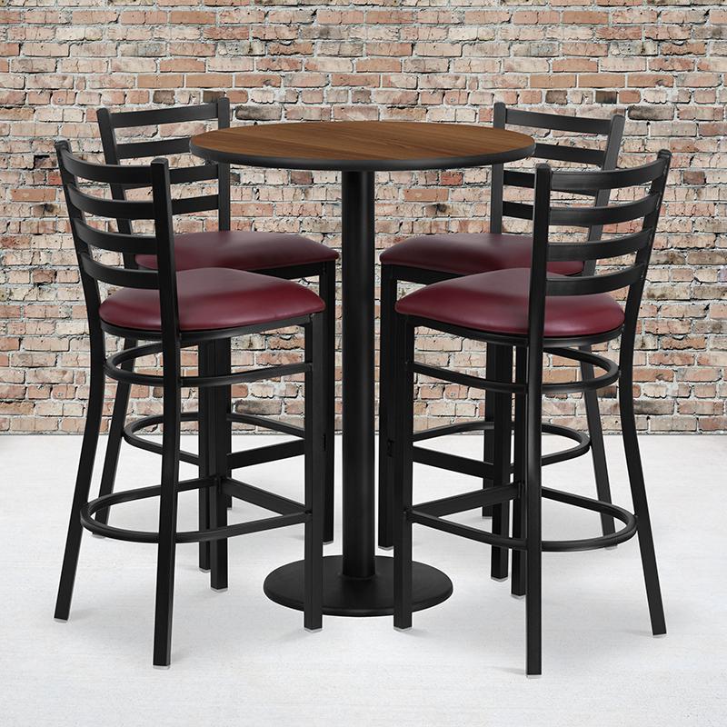 30'' Round Walnut Laminate Table Set With Round Base And 4 Ladder Back Metal Barstools - Burgundy Vinyl Seat By Flash Furniture | Bar Stools & Table | Modishstore - 1