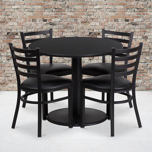 36'' Round Black Laminate Table Set With Round Base And 4 Ladder Back Metal Chairs - Black Vinyl Seat By Flash Furniture | Dining Sets | Modishstore