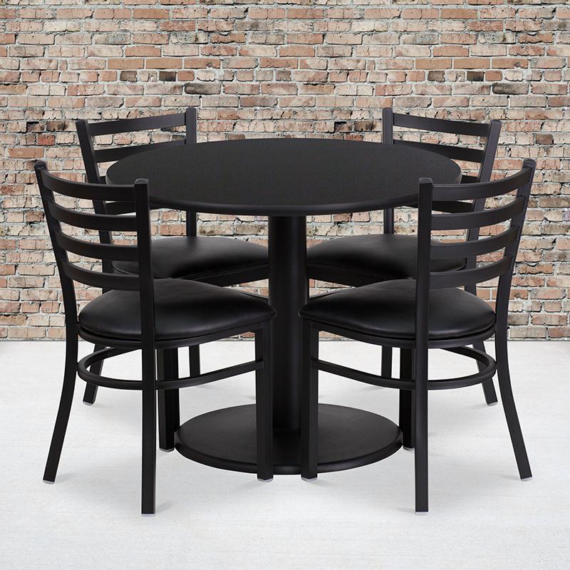 36'' Round Black Laminate Table Set With Round Base And 4 Ladder Back Metal Chairs - Black Vinyl Seat By Flash Furniture | Dining Sets | Modishstore - 1