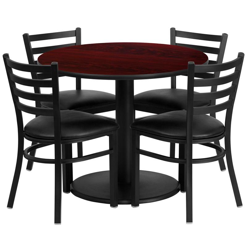 36'' Round Mahogany Laminate Table Set With Round Base And 4 Ladder Back Metal Chairs - Black Vinyl Seat By Flash Furniture | Dining Sets | Modishstore - 2