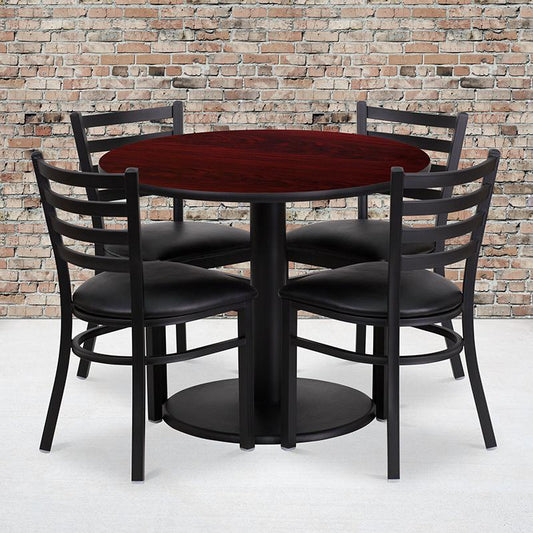 36'' Round Mahogany Laminate Table Set With Round Base And 4 Ladder Back Metal Chairs - Black Vinyl Seat By Flash Furniture | Dining Sets | Modishstore