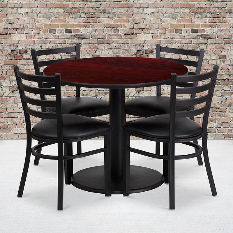 36'' Round Mahogany Laminate Table Set With Round Base And 4 Ladder Back Metal Chairs - Black Vinyl Seat By Flash Furniture | Dining Sets | Modishstore - 1