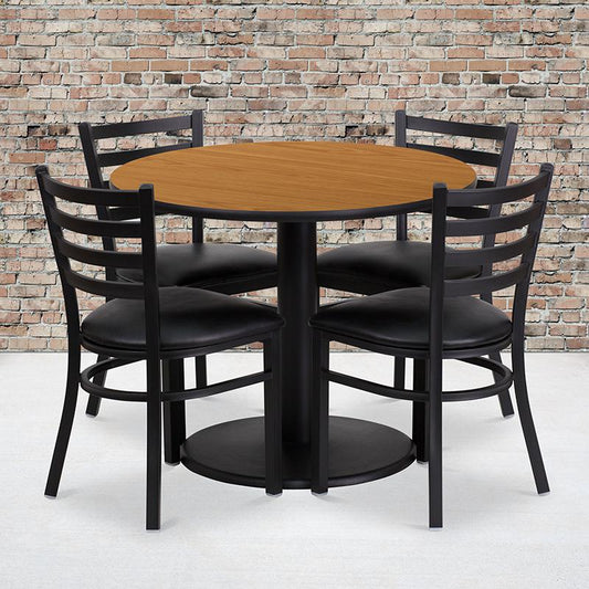 36'' Round Natural Laminate Table Set With Round Base And 4 Ladder Back Metal Chairs - Black Vinyl Seat By Flash Furniture | Dining Sets | Modishstore