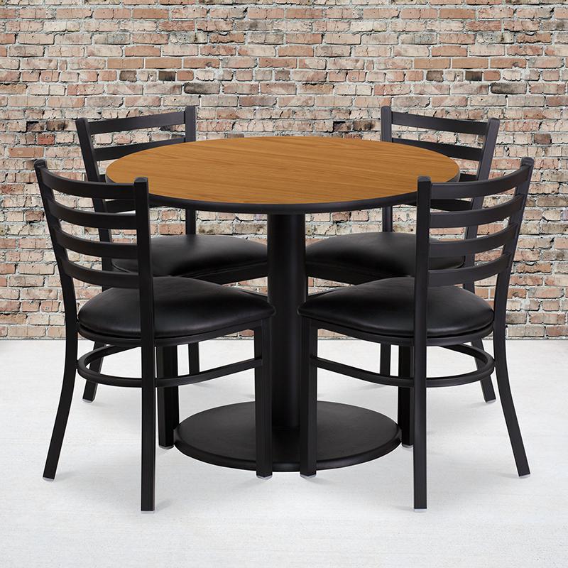 36'' Round Natural Laminate Table Set With Round Base And 4 Ladder Back Metal Chairs - Black Vinyl Seat By Flash Furniture | Dining Sets | Modishstore - 1