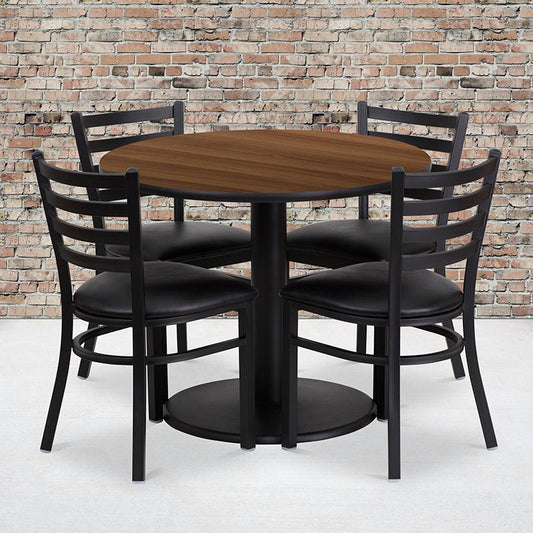 36'' Round Walnut Laminate Table Set With Round Base And 4 Ladder Back Metal Chairs - Black Vinyl Seat By Flash Furniture | Dining Sets | Modishstore