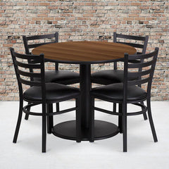 36'' Round Walnut Laminate Table Set With Round Base And 4 Ladder Back Metal Chairs - Black Vinyl Seat By Flash Furniture