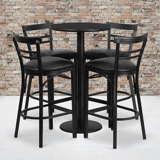 24'' Round Black Laminate Table Set With Round Base And 4 Two-Slat Ladder Back Metal Barstools - Black Vinyl Seat By Flash Furniture | Bar Stools & Table | Modishstore