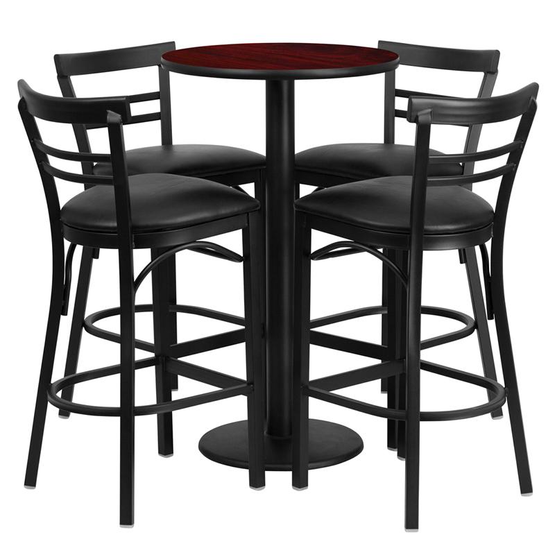 24'' Round Mahogany Laminate Table Set With Round Base And 4 Two-Slat Ladder Back Metal Barstools - Black Vinyl Seat By Flash Furniture | Bar Stools & Table | Modishstore - 2