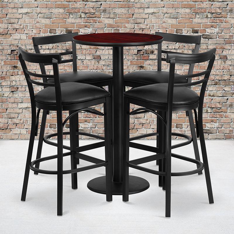24'' Round Mahogany Laminate Table Set With Round Base And 4 Two-Slat Ladder Back Metal Barstools - Black Vinyl Seat By Flash Furniture | Bar Stools & Table | Modishstore - 1